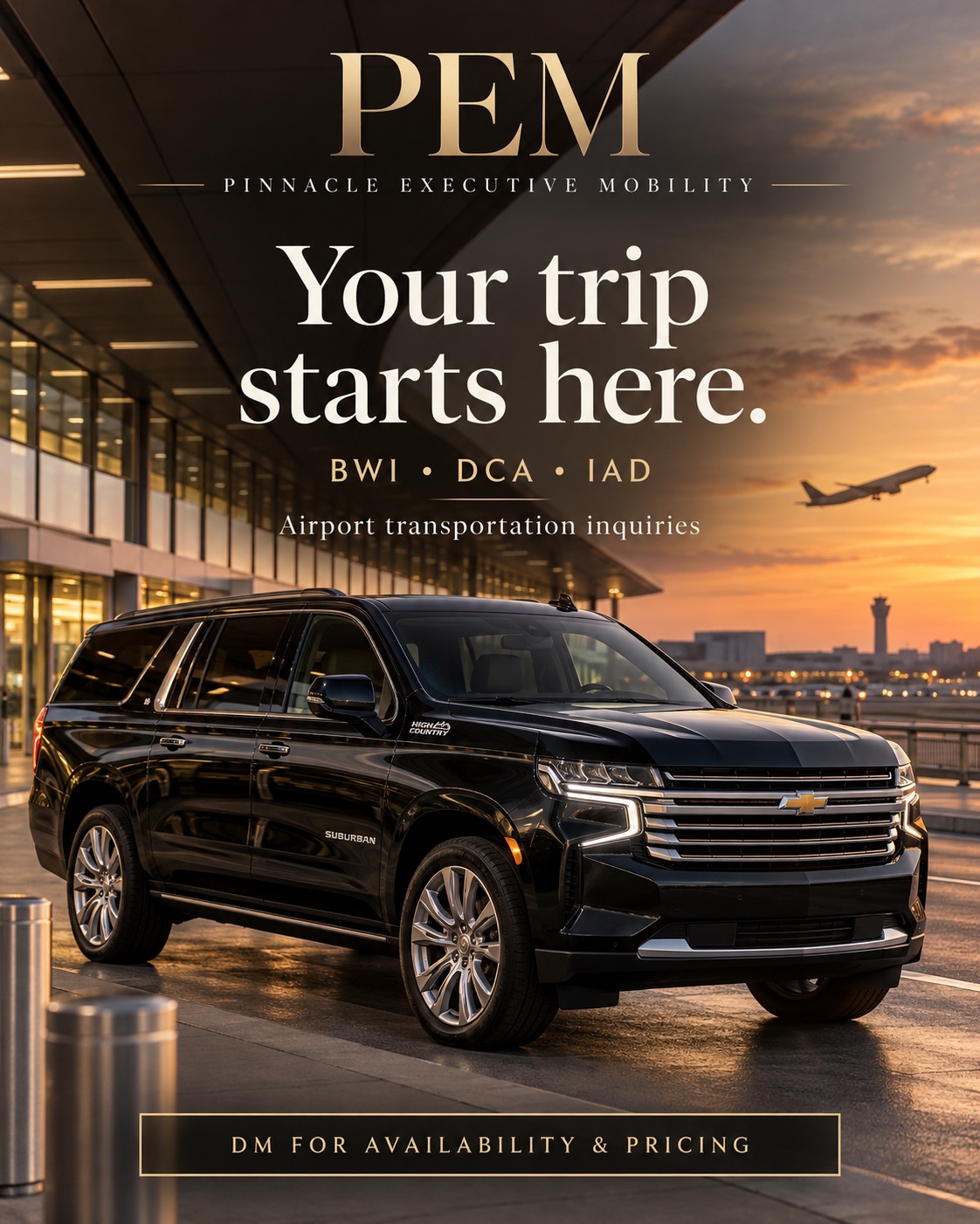 PEM black Chevrolet Suburban promotion: Your trip starts here. Airport transportation inquiries for BWI, DCA and IAD.